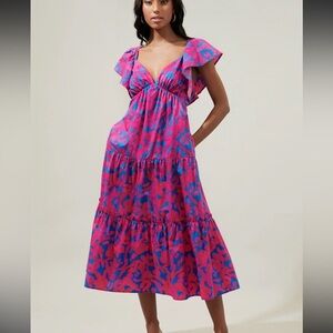 Sugarlips Pink and Blue colorful ruffle sleeve Midi Dress